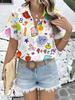 Women Casual Short Sleeve Button Up Shirt Cartoon Book Apple Stationery Pattern Trendy Hot Item Machine Washable Top