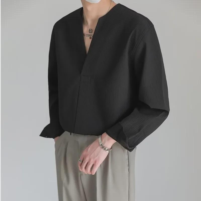 Korean-Style Men's Solid Color V-Neck Long-Sleeve Casual Pullover Shirt