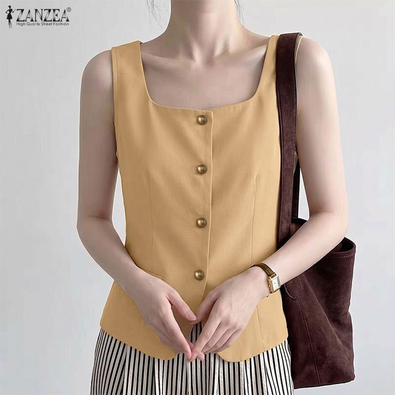 ZANZEA Canottiere Casual da Donna con Scollo a U, Colore Unico, Vestibilità Larga, Senza Maniche