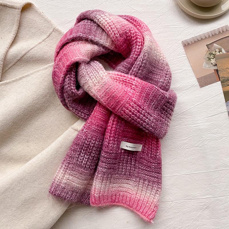 Dopamine containing wool contrasting color knitted blue scarf women's winter rainbow new atmosphere wool scarf