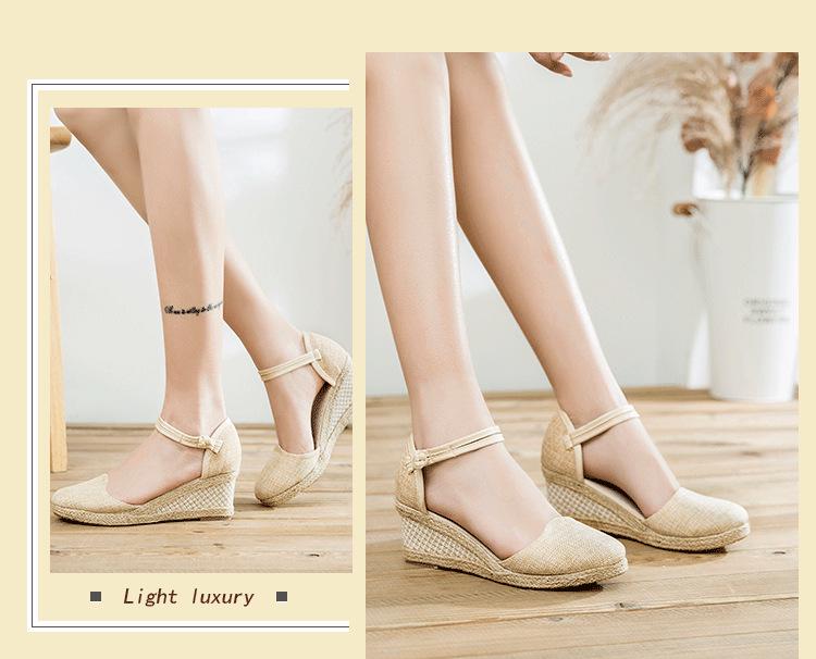Women's Ethnic Style Breathable Linen Wedge Sandals with Buckle - Versatile High Heel for Summer Travel.