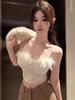 Elegant Lace Feather Strapless Camisole with Fur Lining, Women's Autumn/Winter Bandeau Tank Top