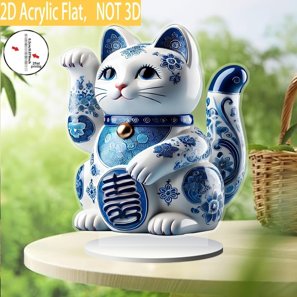 2D Blue White Porcelain Cat Ornament with Acrylic Bracket - Waterproof Multi Functional Home, Four Seasons Decoration, Novelty Home Decor