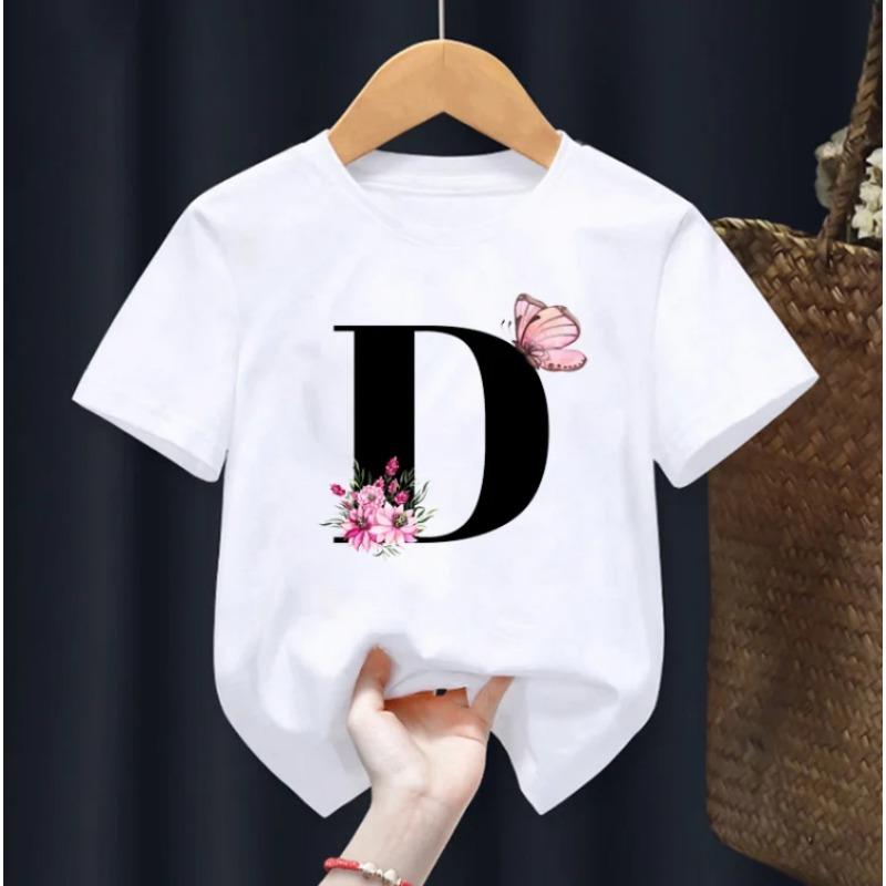 Summer Beautiful Letters Pink Flowers and Butterflies Printed Kids T Shirt Girls Tops Casual Baby Girl T-Shirt  Fashion Short