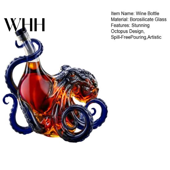Nautical Spirits Bottle Octopus-Shaped Glass Decanter, 3D Artistic Borosilicate for Whiskey Wine Soda, Ocean Themed Bar Decor 350ml Decorative Liquid