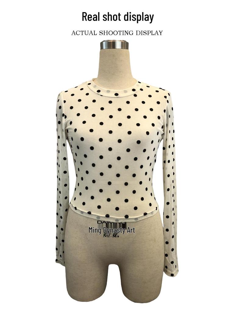 Spring/Summer 2025 Polka Dot Mesh Slim Fit Long Sleeve Women's T-Shirt