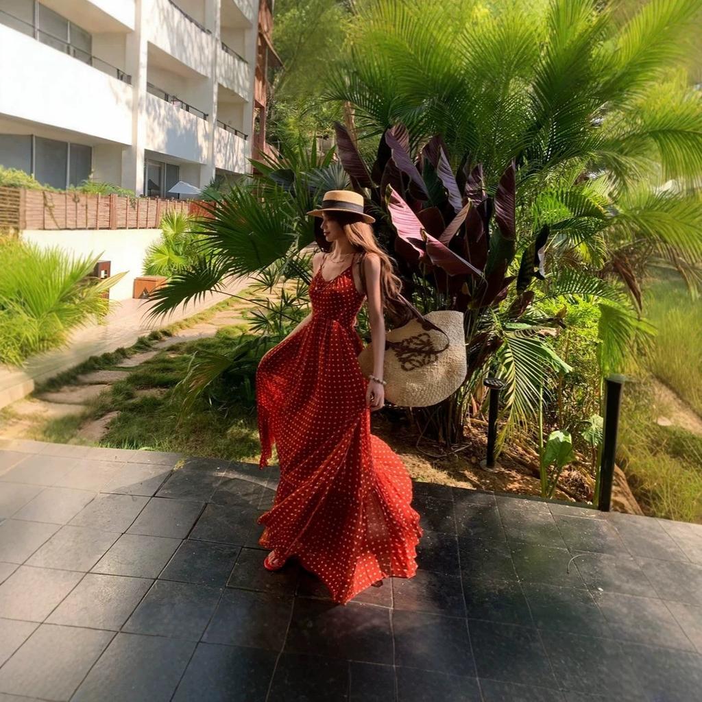 Retro Floral Red Suspender Dress Women's Summer New Waist A Word Thin French Temperament Long Dress
