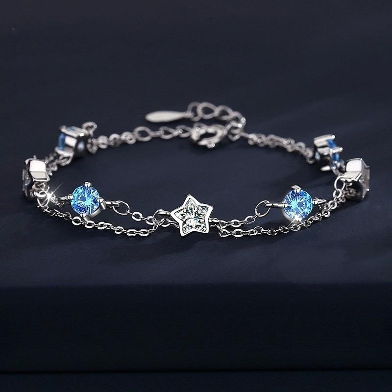 925 Silver Blue White Crystal Bracelets For Women Luxury Sparkling Double Layer Star Bracelets Elegant Jewelry