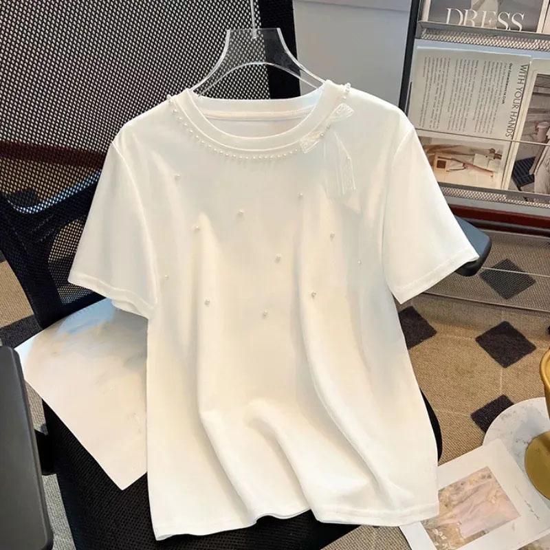 

T-shirt Women Summer Bow Tie Round Neck Loose Casual Cotton Short-sleeved Blouse Top S білий