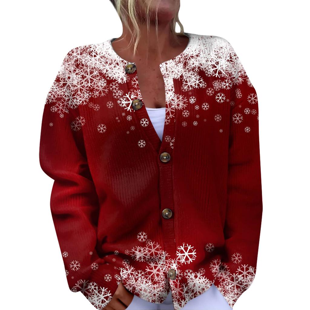 Women's Fashion Christmas Printed Long Sleeve Knitted Cardigan Button Down Jacket