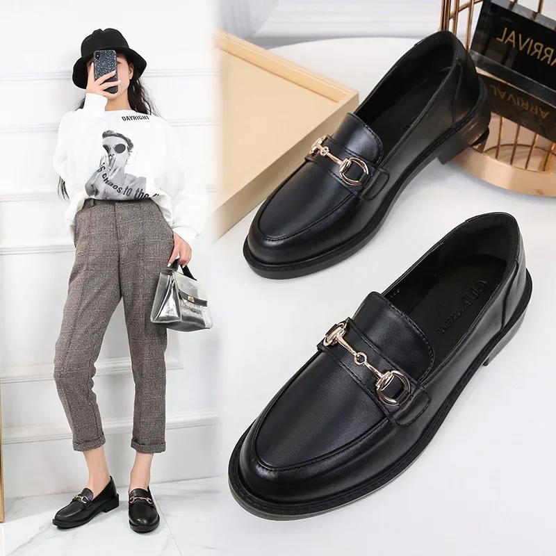 Fashion Women Loafers 2025 Spring British Style Women Leather Shoes Fashion Metal Buckle Thick Heel Shoes Retro Style Office Lady Shoes
