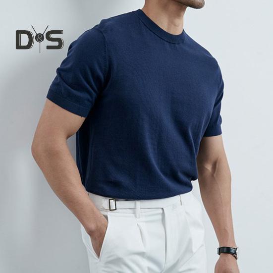 Summer Men T-Shirt Crew Neck Solid Color Short Sleeves Knitted Shirt Breathable Slim Fit Lightweight Basic Tee Casual Business Top