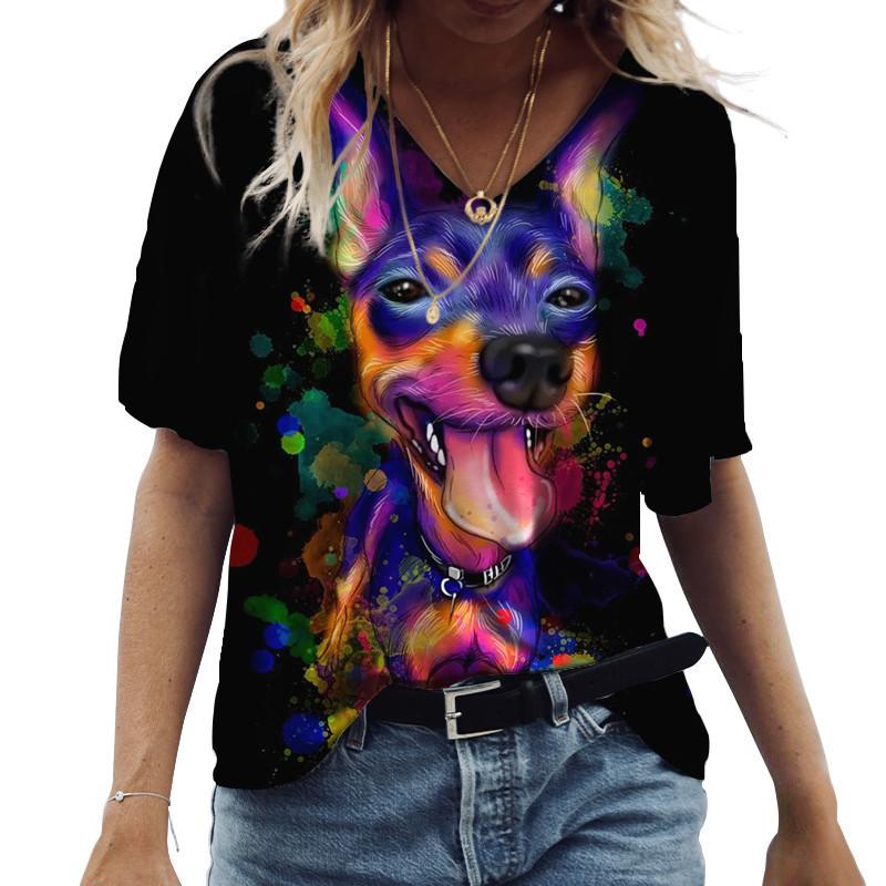 Cute Frog Cat 3D Printed T-shirt for Women s Summer V-neck XS