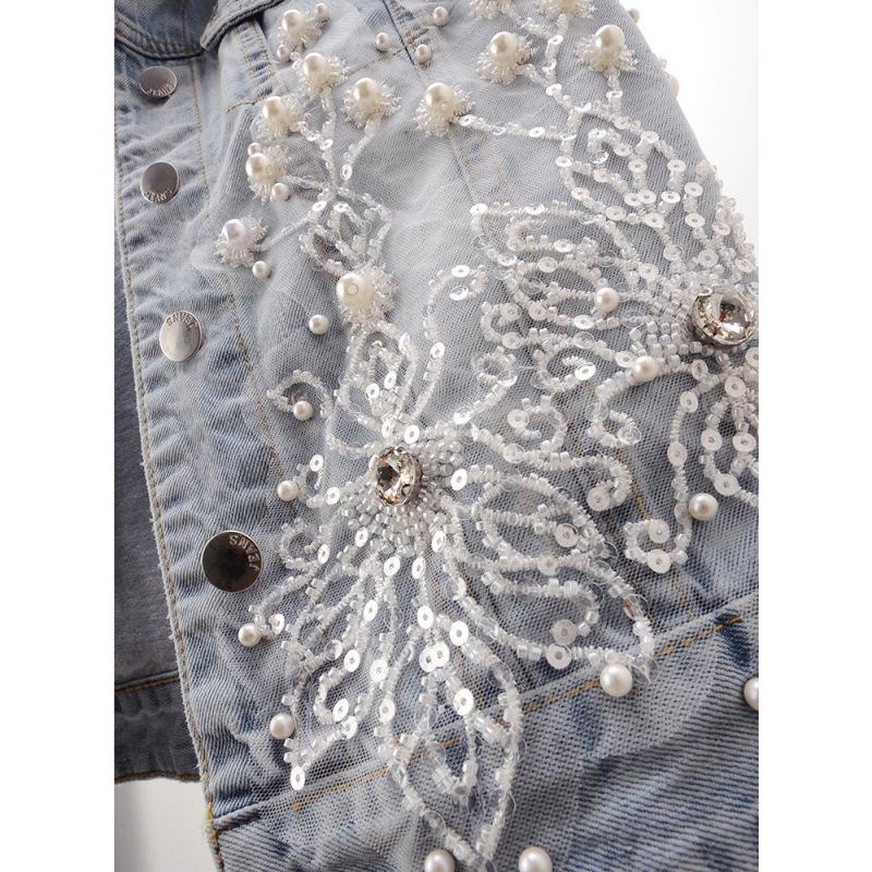 2025 Spring/Summer Women's Distressed Denim Vest with Heavy Beaded Floral Design