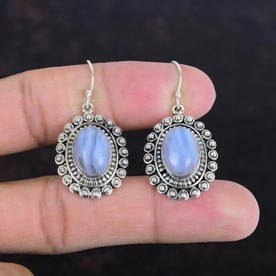 Pendientes de Ágata de Encaje Azul Pendientes de Piedra Preciosa Hechos a Mano Joyería de Piedra Natal Pendientes de Plata de Ley 925 Pendientes Vintage Muy Bonitos Regalos de Boda