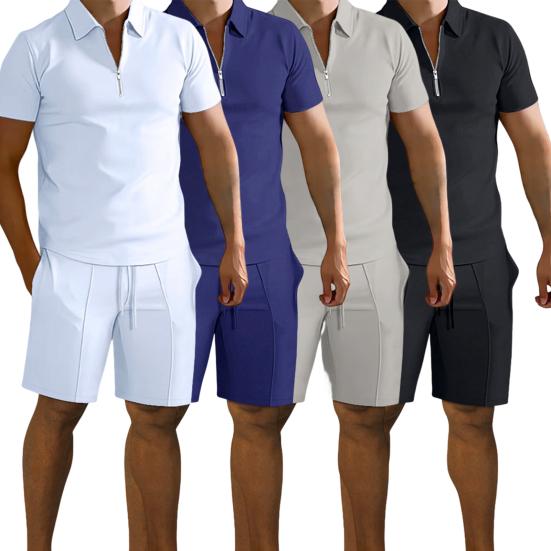 Men Summer Shirt Shorts Set Knee Length Elastic Waist Drawstring Shorts Solid Color Lapel Zipper Neck Short Sleeves Tracksuit Set