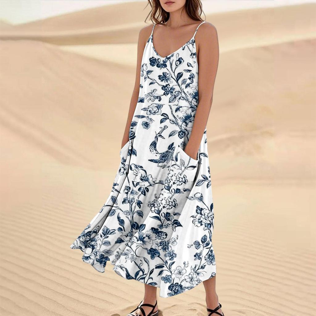 Women's Fashion Casual Floral Print Sleeveless Pocket Long Beach Dress