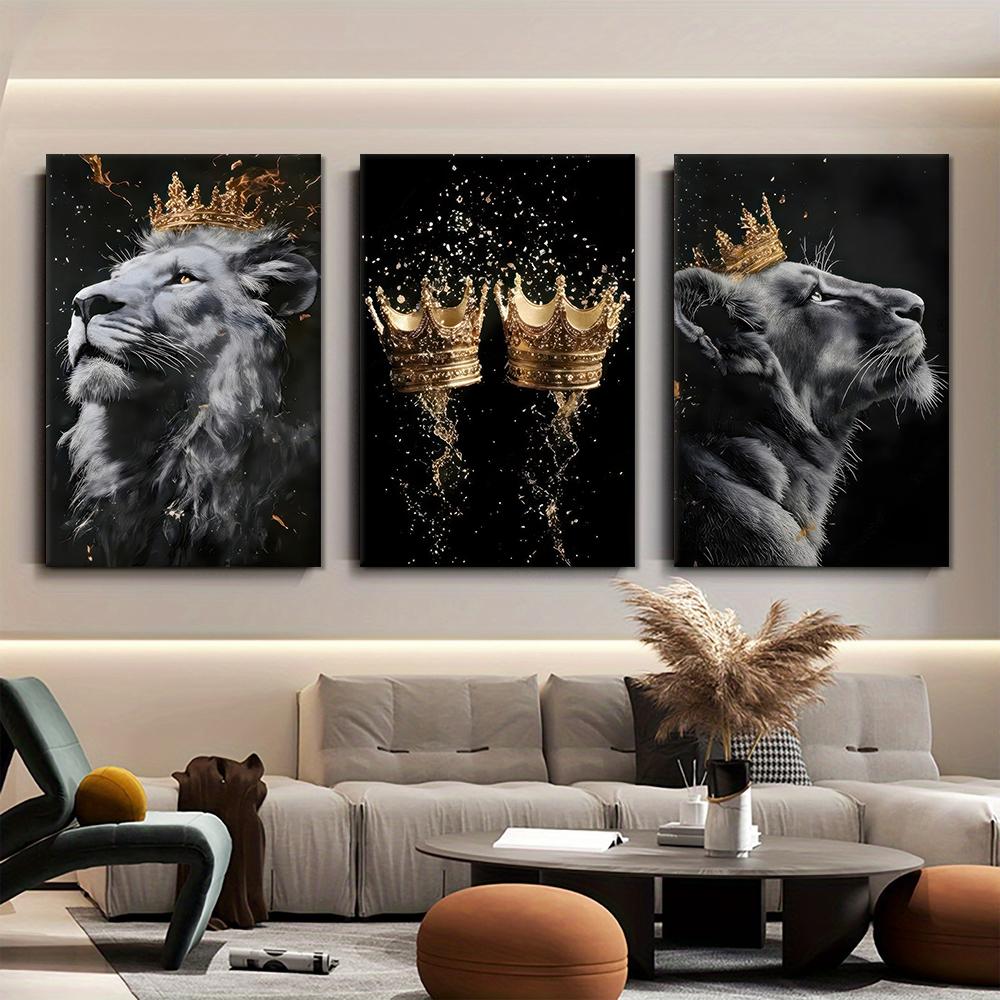 Pittura Decorativa Corona Re Leone Nobile Piatta 2D 3 Pezzi, Pittura su Tela Arte Animale Minimalista Moderna, Adatta per Soggiorno,