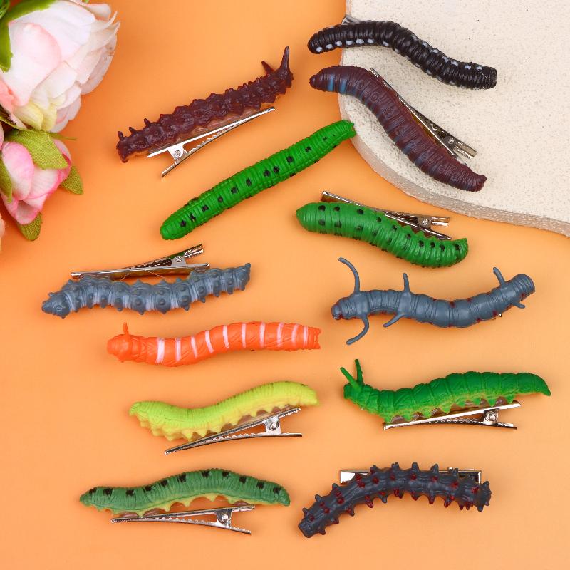 6/12Pcs Simulation Spooky Caterpillars Hair Clip Funny Creative 3D Crawl Insect Duckbill Clip Hairpin Prank Party Hair Accessory