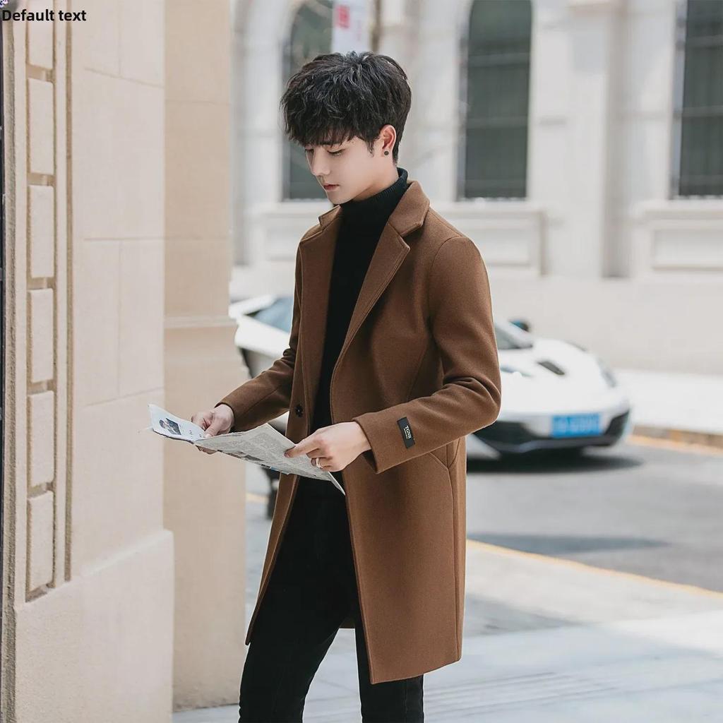 Men's 2022 Korean-Style Woolen Windbreaker Coat with Plus Velvet Long Jacket.