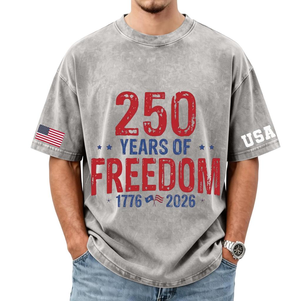 Men's loose and casual flag letter print T-shirt - Men's trendy washed short-sleeved top