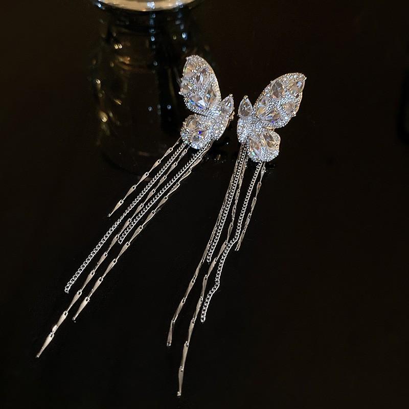 Silver Needle Super Flash Diamond Leaf Fringed Stud Earrings Temperament Earrings Women's Niche Design Earrings Light Luxury High Sense