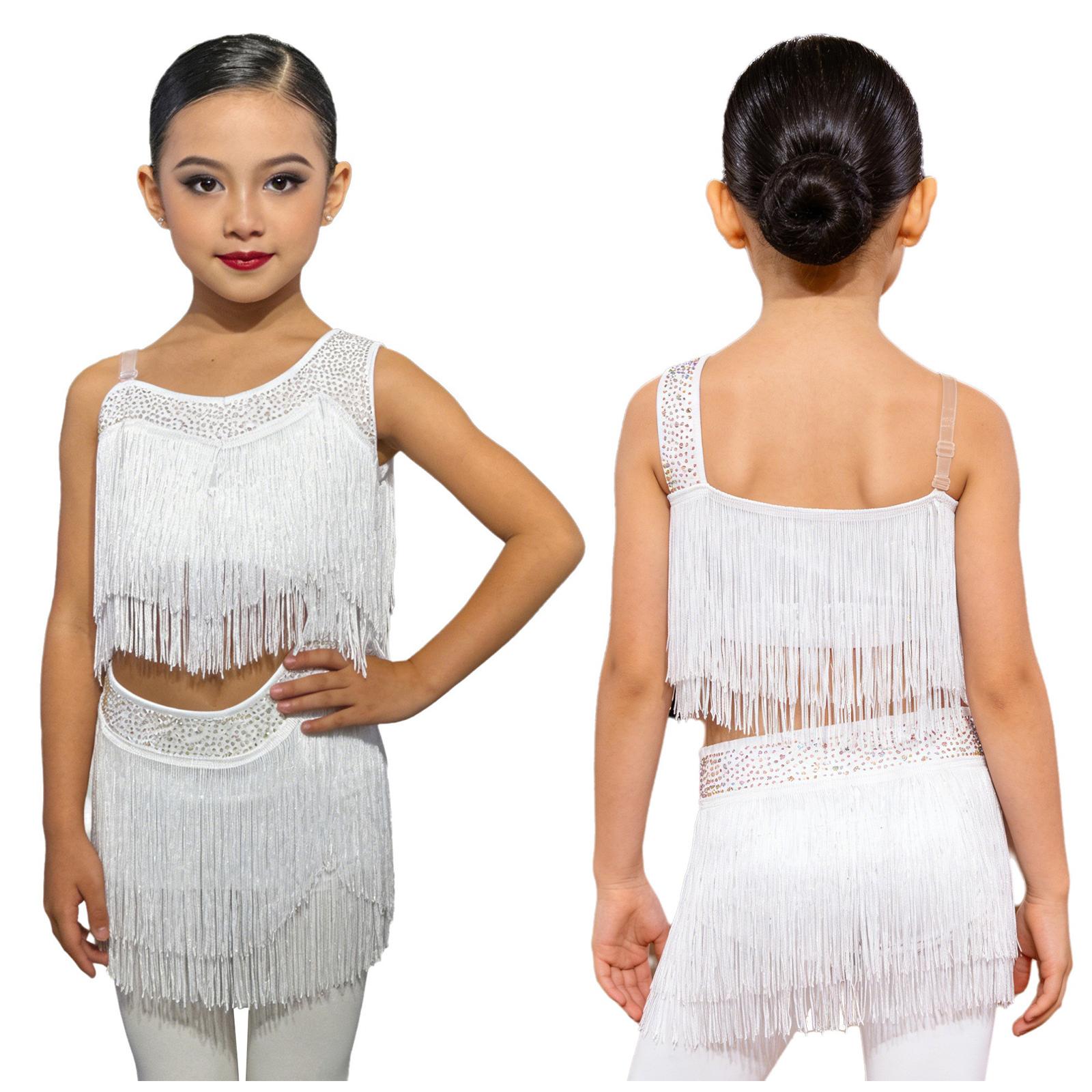 Mädchen Latein Tanzkleid Glitzernde Strasssteine Cutout Asymmetrischer Fransen Quaste für Rumba Cha-Cha Wettbewerb Performance 5-6 Years weiß