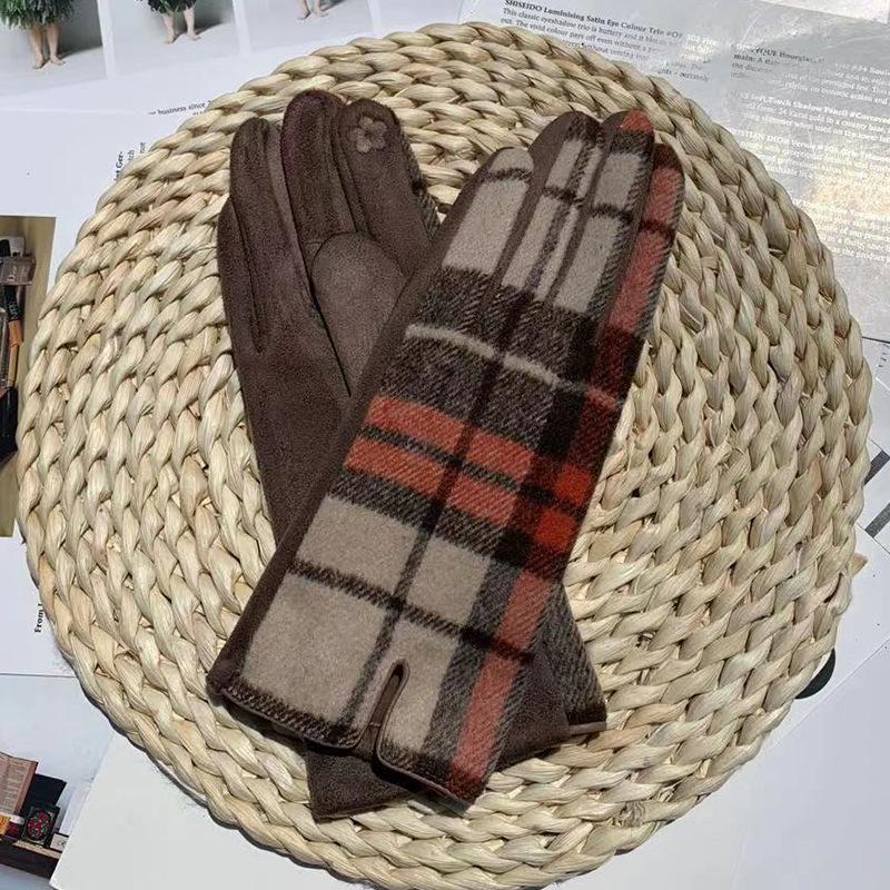 

Перчатки для велоспорта, женские шерстяные клетчатые перчатки, утолщенные перчатки для сенсорных экранов, термоперчатки one size fits all хаки