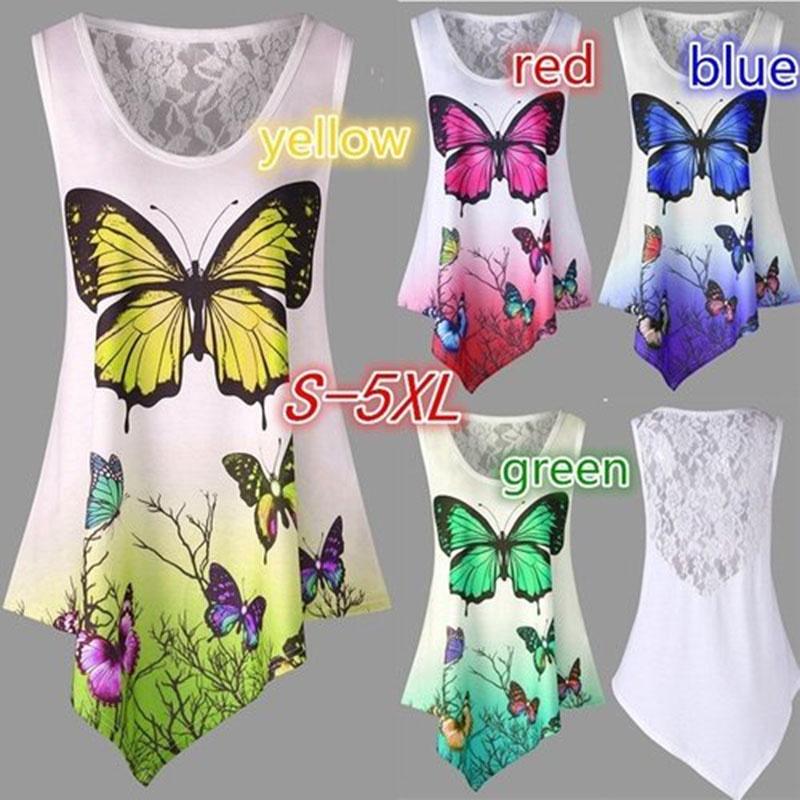 Stylish Women Sleeveless Butterfly Print Lace Patchwork T-shirt For Summer Chic