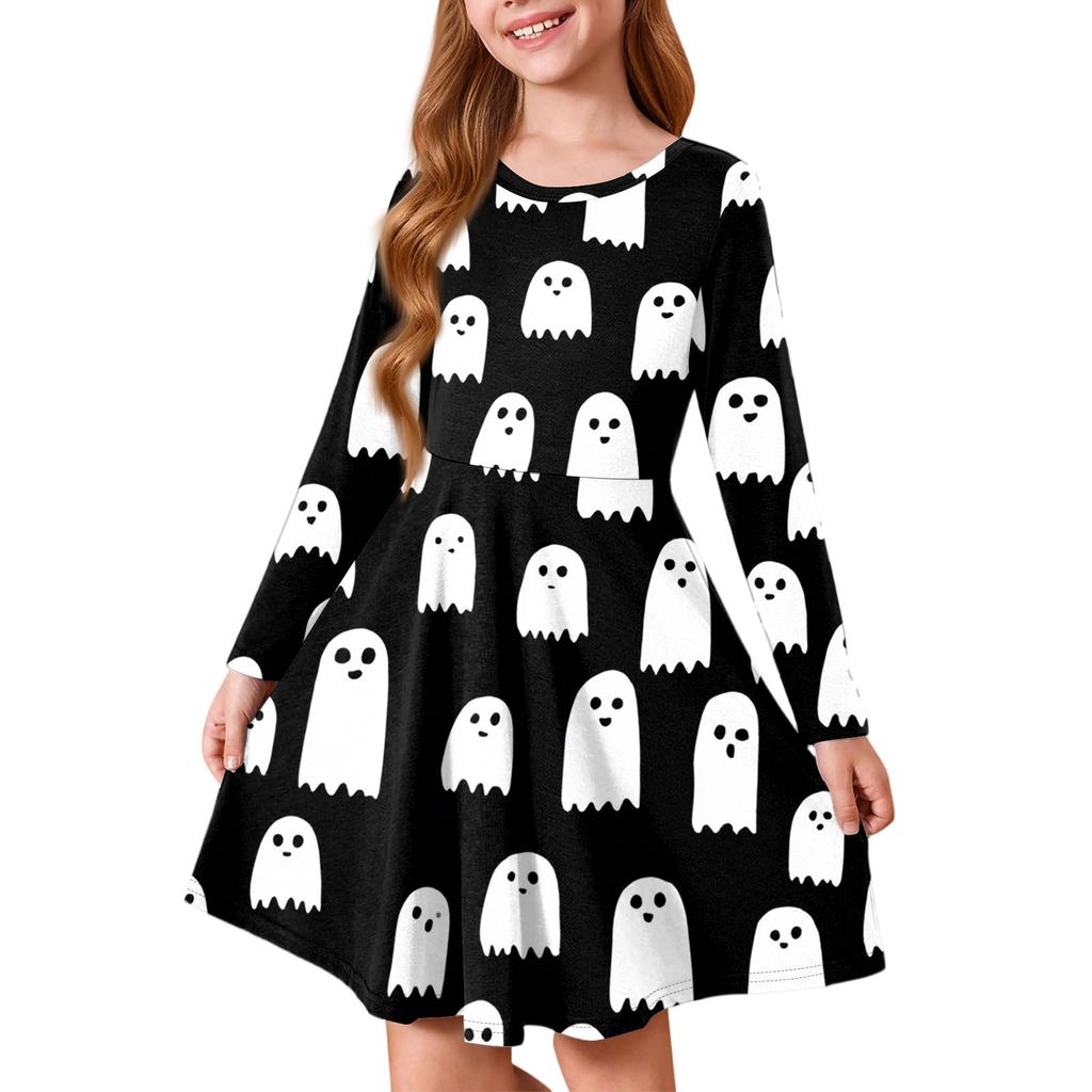 Girls' Summer Princess Dress Halloween Day- Long Sleeve A-Line T-Shirt Dress