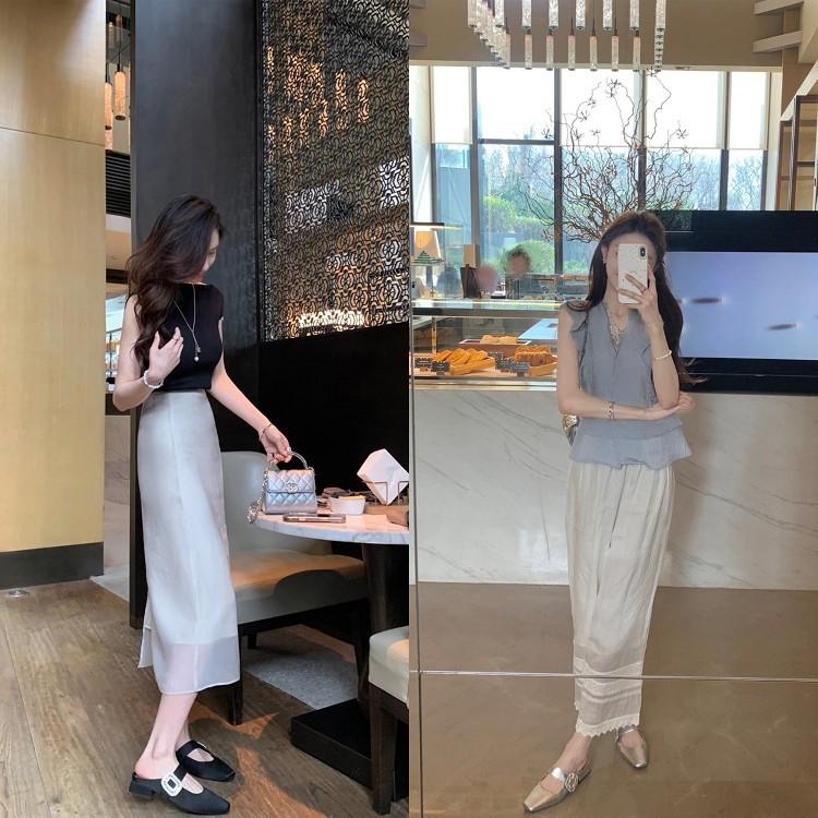 ~ Manor Lady~ Sparkling Diamond Buckle Small Square Head Width Word with Low Heel Temperament Half Drag