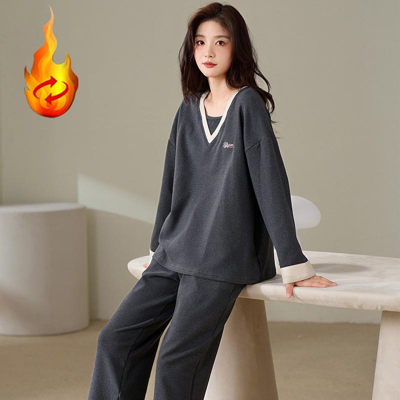 

German Velvet Pajamas Women S Autumn And Winter Warm Long-Sleeved Fake Two-Piece Pullover Can Be Worn Outside Loungewear Suit 2XL
