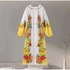 Print Linen Dress Plus Size Women Elegant Loose Lace Up V Neck Vintage Oil Painting Dress Summer Long Sleeves New Fashion High Waist Pastoral Style