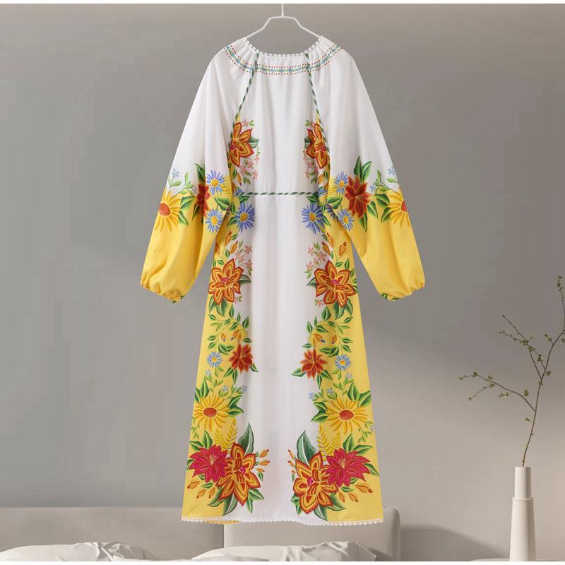 Print Linen Dress Plus Size Women Elegant Loose Lace Up V Neck Vintage Oil Painting Dress Summer Long Sleeves New Fashion High Waist Pastoral Style