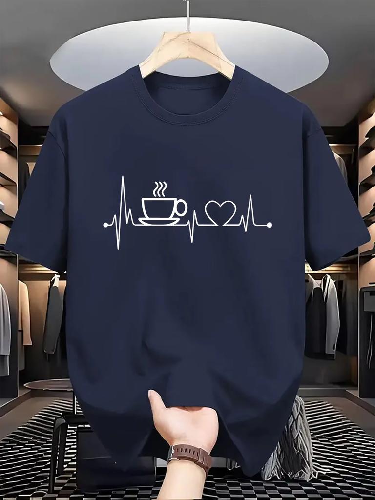 2026 Unisexs Summer Fashionable Casual Loose Oversize Coffee And Heartbeat Pattern Printed O Neck Short Sleeve Tshirt Tops Unisex