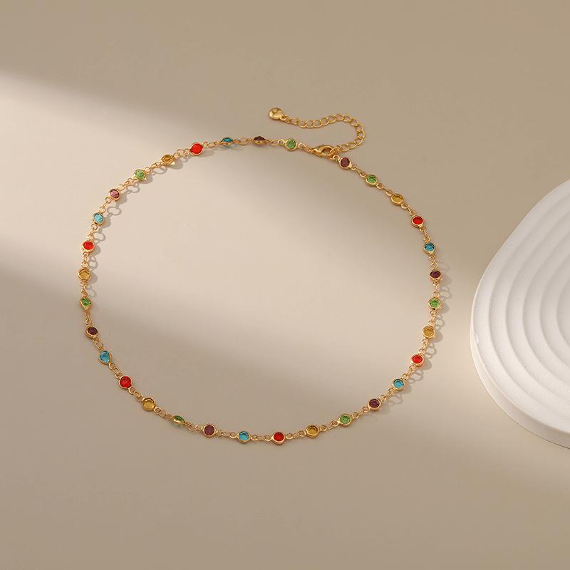 Gold Plated Multi-Color CZ Bezel Set Station Chain Necklace With Extension разноцветный