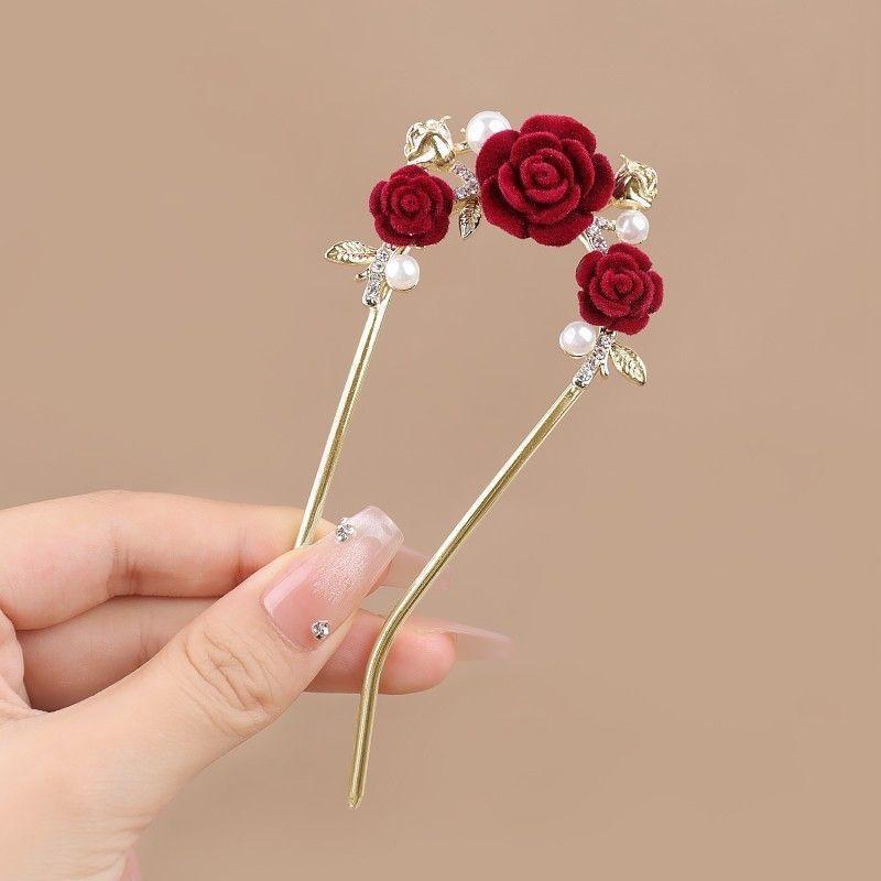 New Chinese Style Red Rose U-shaped Hairpin Elegant Retro Hair Stick Bridal Cheongsam Toast Dress Hair Accessories