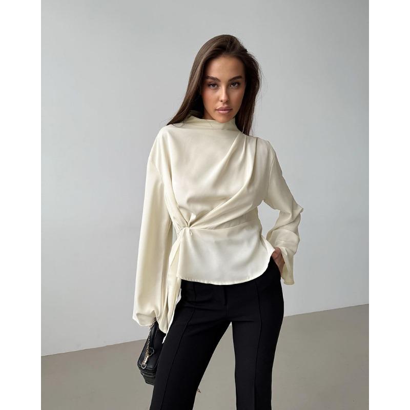 French Style Stand Collar Chiffon Flared Sleeve Pleated Split Shirt