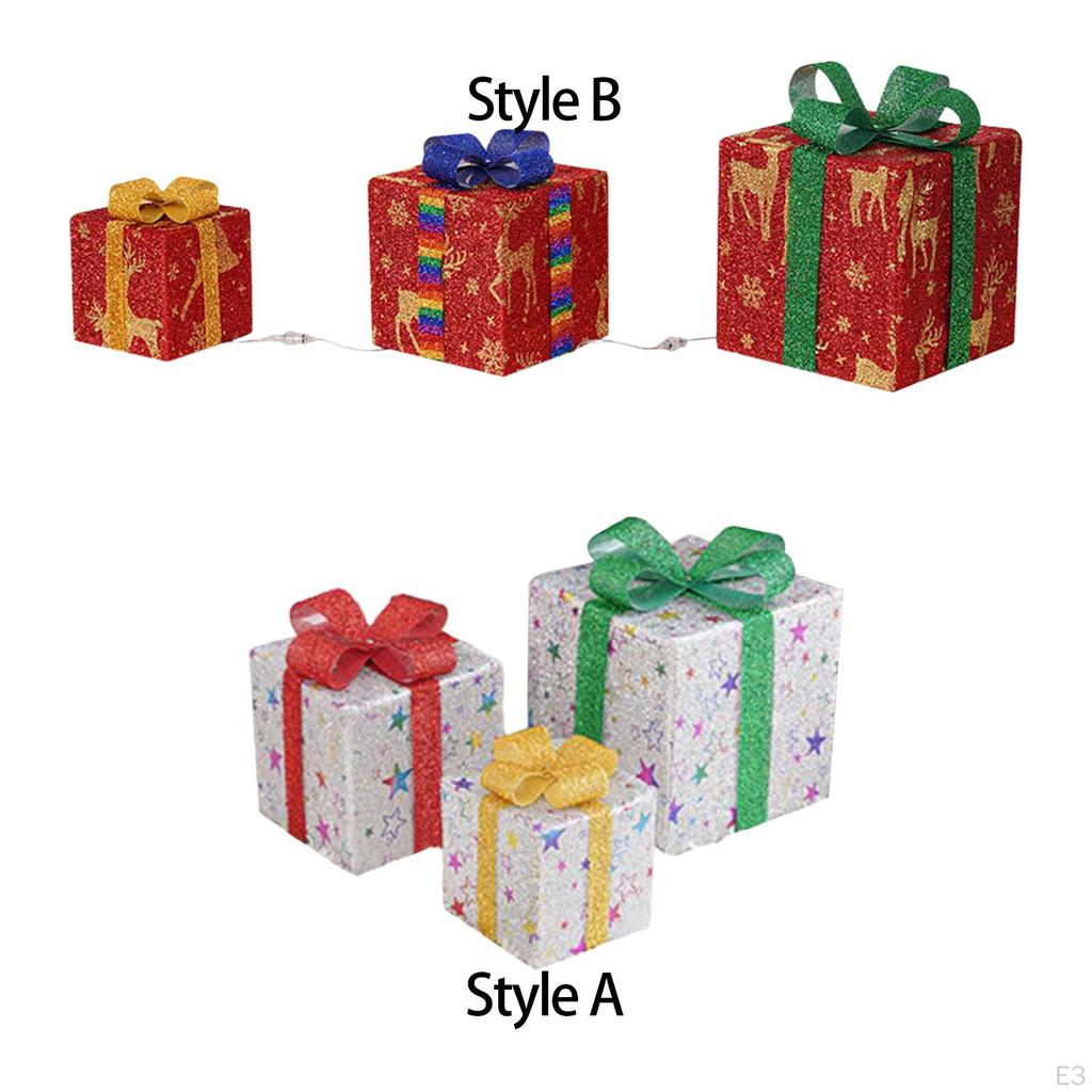 3Pcs Christmas Light Up Present Boxes Decoration Handmade Lightweight with 3 Different Sizes for