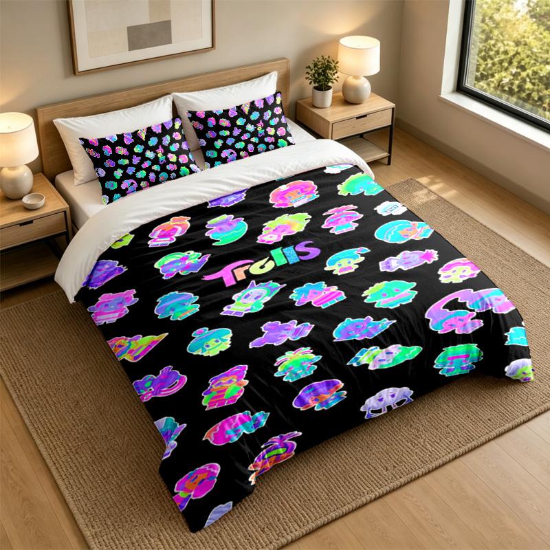 Soft Bedding Set Trolls Pattern, 1 Duvet Cover plus 2 Pillowcases Stylish Bedroom Home Textile