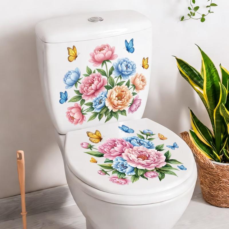 Floral Toilet Sticker Waterproof Easy to Clean Self-Adhesive Toilet Lid Wall Decal for Home Bathroom Decor