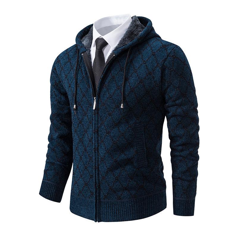 Winter Men's Cardigan Sweater with Thick Velvet and Loose Casual Hooded Knitted Jacket for Outerwear