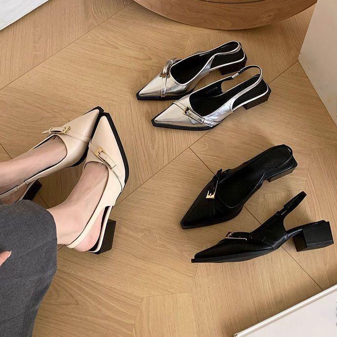 Fairy with skirt fashion empty sandals French evening wind silver pointed thick heel single shoes female 2025 summer and autumn new