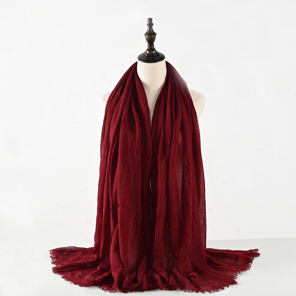 Sciarpa in Misto Cotone e Lino Stropicciato con Frange - Colore Unito, 90x180cm, Foulard da Donna