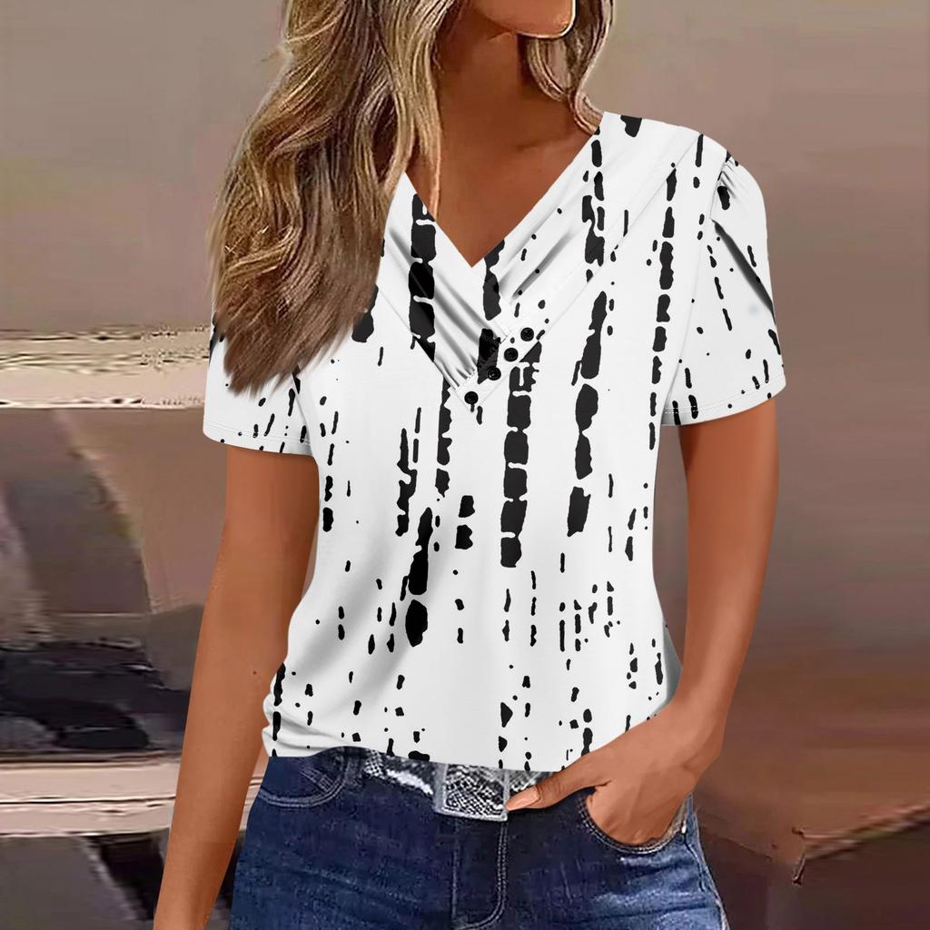 Women's T Shirt Tee Casual V-neck Short-sleeved T-shirt Printed Button Top