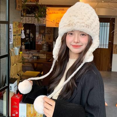 Rex Rabbit Hair Ear Protection Hat Female Cute Ball Winter Warm Encryption Woven Fur Hat Versatile Lei Feng Hat