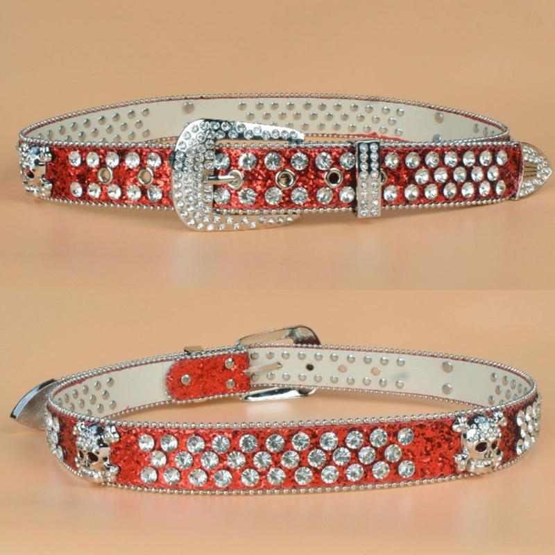 Steampunk Rhinestone Belt Women Waist Belt Western Cowgirl Skull Studded PU Leather Belt for Teenager Girl Female Male