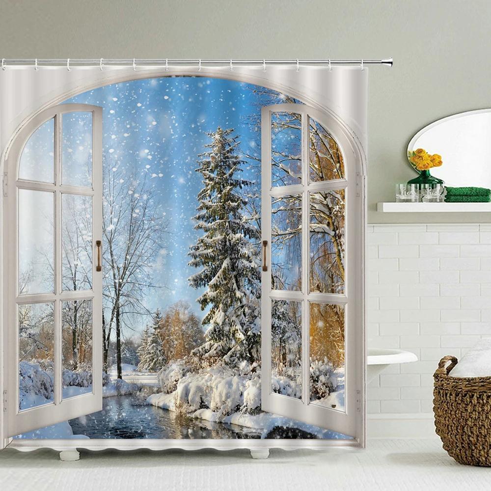 Bath Curtain 3d Printing Window Scenery Forest Shower Curtains 180*200cm Waterproof Bathroom Curtain Washable Fabric With Hooks