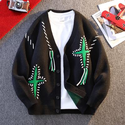 Men's Button Up Long Sleeve V-Neck Autumn Winter Screw Thread Cardigan Sweater Knitted Geometric Embroidery Fashionable Tops