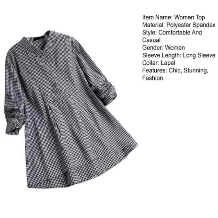 Plus Size Women Casual Loose Swing Blouse Plaid Tunic Tops Long Sleeve Button Up Lapel Pleated Flowy T Shirts
